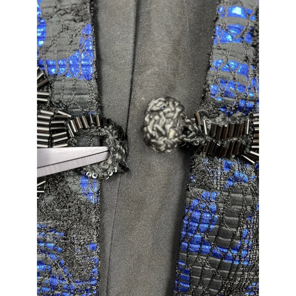 Badgley Mischka Collection Womens Black Blue Brocade Suit Jacket Small Old Money